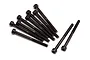 A group of ten black metal cap head screws with hex sockets, arranged on a white background.