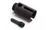 A black metal drive cup and a matching threaded set screw for an RC vehicle on a white background.