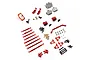 A collection of red anodized aluminium RC car upgrade parts including suspension links, steering knuckles, and mounting brackets on a white background.