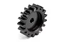 A black 17-tooth steel pinion gear for RC cars, shown at an angle on a white background.