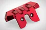 A red anodized aluminium rear bumper for an RC car by GPM Racing, featuring machined details and engraved text on a white background.