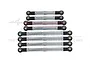 A set of eight silver aluminium RC turnbuckles with black plastic rod ends arranged on a white background.