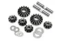 HPI Racing Savage XS differential gear set including bevel gears, shafts, and shims on a white background.
