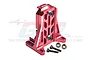 A red anodized aluminium motor mount for an RC car, featuring a CNC-machined design with included screws and washers, set against a white background.