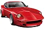A digital illustration of a red Nissan Fairlady 240ZG with wide fender flares and racing styling, shown from a front three-quarter angle.