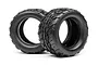 Two black HPI Racing 2.8 inch Jump monster truck tyres with aggressive tread patterns, shown against a white background.