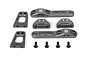 HPI Racing gunmetal aluminium front camber link mount set including various brackets and four black screws on a white background.