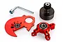 Rovan red aluminium clutch bell, spur gear plate, and clutch brace kit components on a white background.