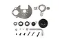 Rovan silver aluminium clutch bell, spur gear plate, and clutch brace kit components laid out on a white background.