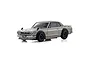 A silver Kyosho Mini-Z Nissan Skyline 2000GT-R Tune Version RC body shell with black fender flares and black wheels on a white background.