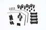 HPI Savage XS front and rear sway bar set including metal sway bars, plastic mounts, ball ends, and various screws on a white background.