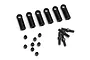 HPI Racing Savage XS adjustable upper arm set components including six plastic rod ends, seven ball studs, and four threaded metal shafts.