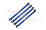 Four blue anodized aluminium suspension linkages from GPM Racing, featuring laser-etched branding and 7075 material markings.