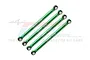 Four green anodized aluminium suspension linkages with ball ends, arranged diagonally against a GPM Racing logo background.
