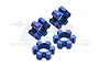 Four blue anodized aluminium RC wheel hex adapters from GPM Racing, featuring a 6-spoke design and laser-etched branding.