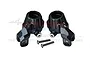 Two black aluminium RC front steering hubs with mounting screws, marked L and R for left and right sides.