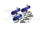 Three blue anodized aluminium 25T servo horns with ball joints, screws, and washers on a white background.