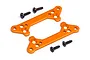 Two orange anodized aluminum suspension arm pin braces and four black screws for HPI Sprint 2 RC cars.