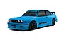 A studio shot of the HPI Sport 3 Drift BMW M3 E30 Driftworks RC car in bright blue with black wheels and Driftworks branding.