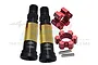 GPM Racing hardened steel CVD axle shafts with gold sleeves, red aluminium wheel hexes, and two small metal pins on a white background.