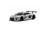 A white Kyosho Mini-Z Audi R8 LMS 2015 RC car body shell with red racing decals and black wheels on a white background.