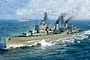 Digital illustration of the HMS Belfast cruiser at sea, showing the ship cutting through waves with smoke rising from its funnels.