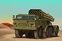 An artistic illustration of a Russian 9P140 Uragan MLRS military truck in a desert landscape.