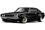 A digital illustration of a dark green Nissan Skyline 2000 GT-R model car with wide fender flares and gold wheels.