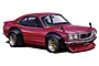 A digital illustration of a red Mazda Savanna RX-3 model car with black fender flares and gold wheels against a white background.