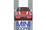 Front view illustration of a red Mini Cooper with white racing stripes on a grey background, featuring large blue text below.