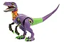 A Velociraptor plastic model kit painted in purple, green, and orange Evangelion-themed colors, standing on a white background.