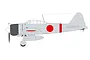 A side-profile digital illustration of a Japanese Zero fighter aircraft with grey fuselage, dark cowl, and red roundel markings.