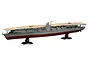 A 1/700 scale plastic model of the IJN Aircraft Carrier Akagi, featuring a tan flight deck, grey hull, and red lower hull, mounted on two black display stands.
