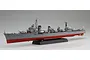A 1/350 scale plastic model of the IJN Destroyer Shimakaze, featuring a grey hull, red lower hull, and detailed deck structures on a black display stand.