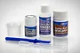 Deluxe Materials Scenic Rust Effect Paint Kit including three bottles, a mixing cup, a blue plastic spatula, and a clear plastic pipette.