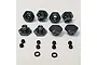 A set of MIP 17mm hex adapters for RC cars, including four hex hubs, four nuts, eight grub screws, and two washers on a white background.