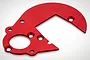 A red anodized aluminium gear plate for an RC car, featuring a curved shape with multiple mounting holes and a central cutout.