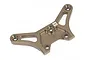 A gunmetal grey anodized aluminium front upper brace for an RC car, featuring a triangular cutout design and multiple mounting holes.