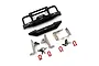 Yeah Racing black aluminium front and rear bumpers with mounting brackets, screws, and red shackles for RC cars.