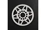 A white Delrin 108T spur gear for RC cars, featuring a spoked design and central mounting holes, set against a dark textured background.
