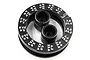 A black aluminium Yeah Racing round droop gauge with white measurement markings, featuring two central cylindrical inserts on a white background.