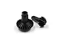 Two black metal bevel gears for an RC differential, one larger and one smaller, isolated on a white background.