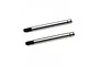 Two silver metal RC shock shafts with threaded ends and grooved tops, isolated on a white background.