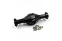 A black aluminium RC axle housing by Yeah Racing, featuring a geometric design with the YR logo, accompanied by a small pile of silver mounting screws.