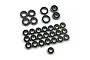 A collection of 30 metal ball bearings with black rubber seals arranged on a white background.