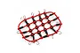 A red elastic luggage net for RC vehicles featuring black connectors and silver metal hooks, isolated on a white background.