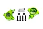 A pair of bright green anodized aluminium steering hubs for Traxxas RC cars, shown with included black mounting screws and nuts on a white background.