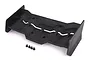 A black Traxxas RC car wing with four small black mounting screws on a white background.