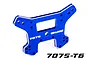 A blue anodized aluminium front shock tower for Traxxas RC vehicles, featuring multiple mounting holes and Traxxas branding.