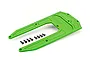 A bright green Traxxas chassis skid plate shown from an elevated angle with a set of black mounting screws laid out in front.